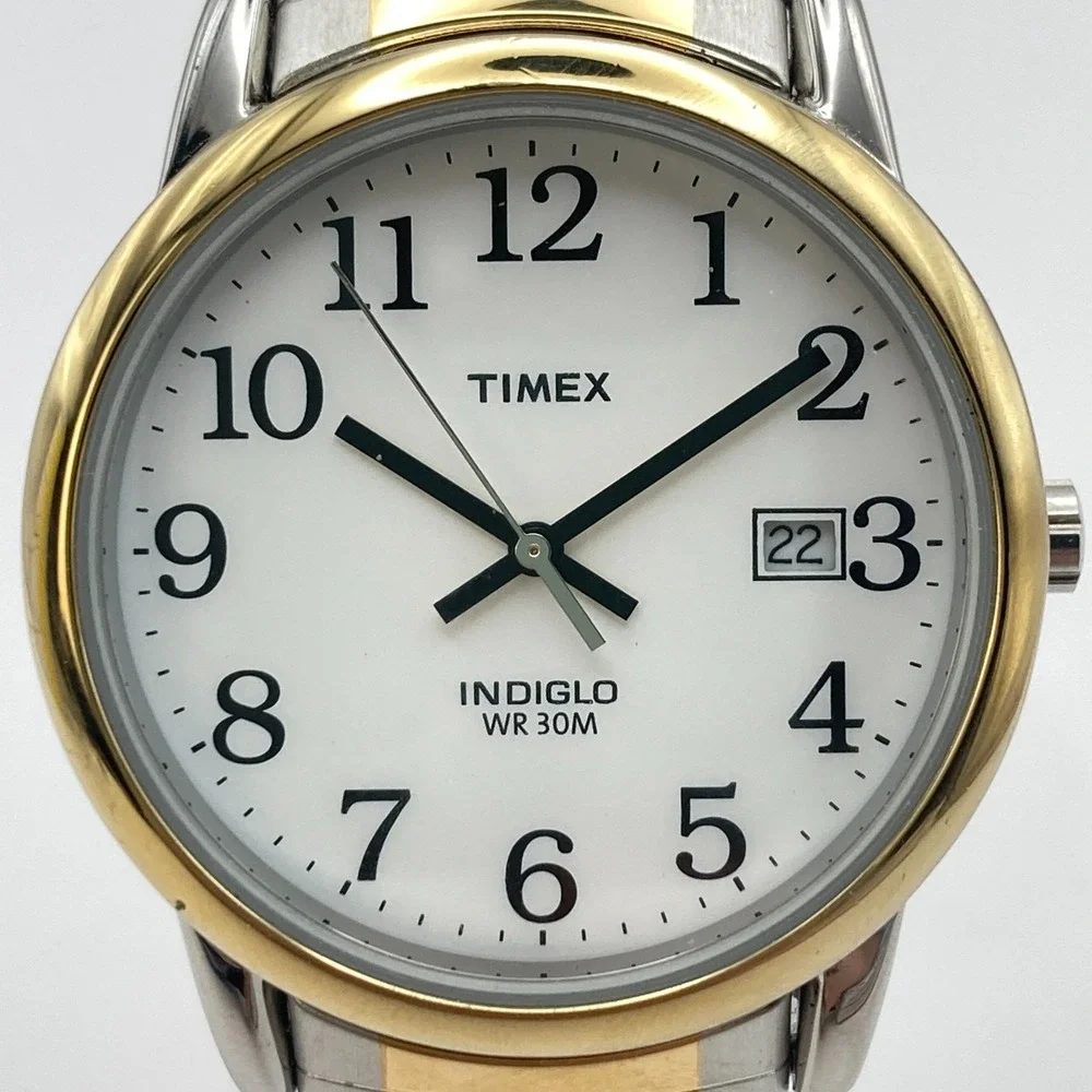 Timex Easy Reader Men's Watch 35mm Silver Gold Tone Indiglo Stretch New Battery